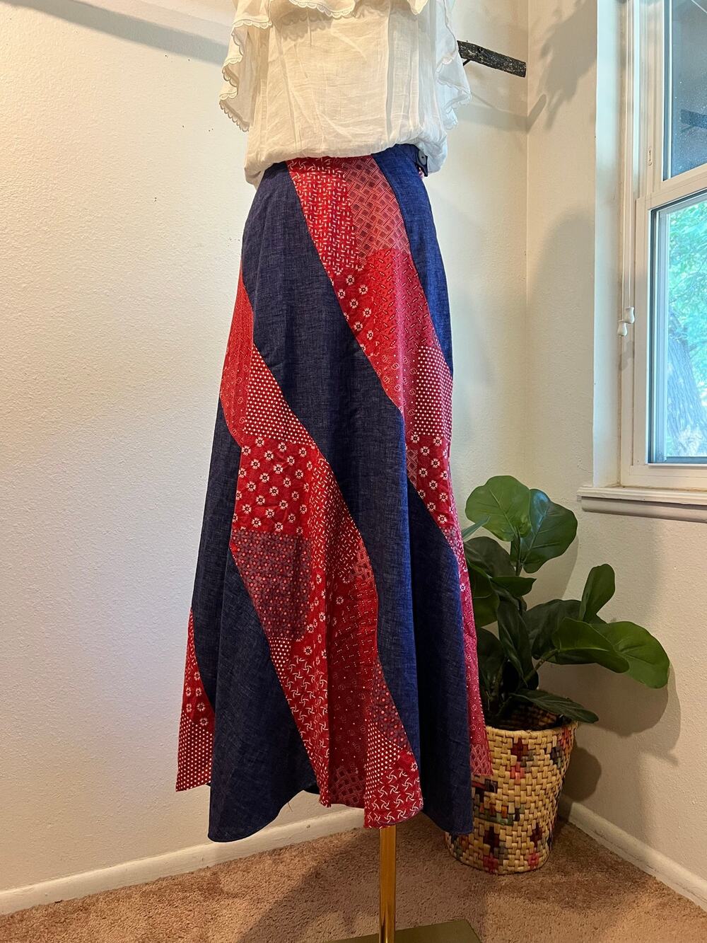 Vintage 1970s Western Denim Cotton Bandana Midi A Line Skirt Size XS Handmade